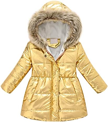 Kız Çocuk Metalik Parlak Ceket ile Ayrılabilir Bulanık Yaka Kış Rüzgar Geçirmez Dış Giyim Hoodes Puffer Polar Astarlı Ceket