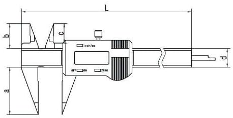 Ölçer Dar Sivri Çeneler Dijital Kumpas,0-100mm, ±0.04 mm, L: 170mm, a: 30mm, b: 17mm, c: 12mm, d: 13mm