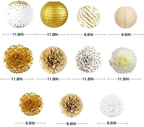 Beyaz ve Altın Parti Dekorasyon Kiti Fenerler Çiçekler Pom Pom ile Altın 3D Kelebek Çıkartmalar ve Yaprak Çelenk Flamalar için