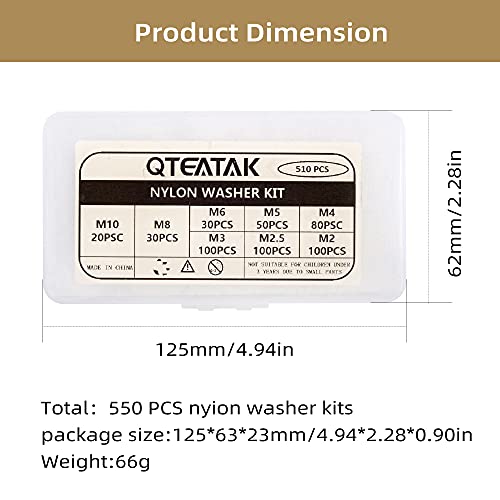 QTEATAK 510 Pcs Beyaz Naylon Düz Yıkayıcı Çeşitler Kiti Elektrik Bağlantıları için Ev ve Ticari Aletleri, (M2 M2.5 M3 M4 M5 M6