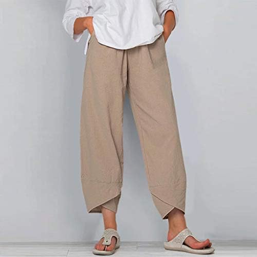 Kadın Geniş Bacak kapri pantolonlar Artı Boyutu Rahat Pamuk Keten harem Pantolon Rahat Yaz Baskılı Pantolon ile Cepler