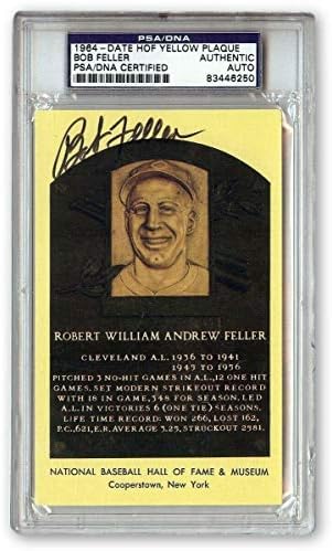 Bob Feller İmzalı İmzalı Kartpostal 1964 Hall of Fame Plak PSA / DNA Slabbed-MLB Kesim İmzaları
