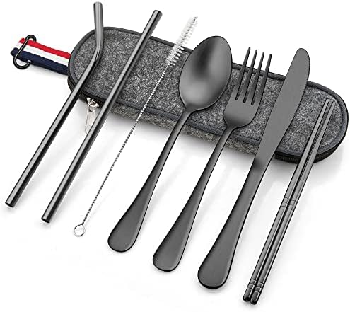 Kılıf ile Mat Siyah Taşınabilir Mutfak Eşyaları, HaWare 9 Parçalı Paslanmaz Çelik Yeniden Kullanılabilir Gümüş Set, Bıçak Çatal