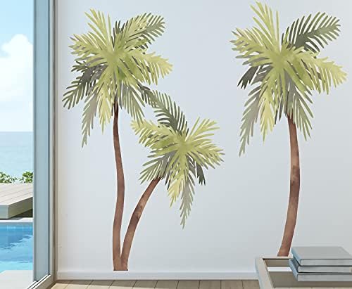 Palmiye Ağacı Suluboya Duvar Çıkartması Beach House Art D & eacute; Kor Sticker Tropikal Baskı Kuş Martılar Dahil, 72 Uzun Boylu