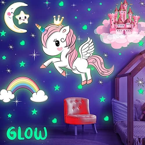 Glow Karanlık Yıldız, Parlayan Unicorn Setleri ile Kale Ay ve Gökkuşağı Duvar Çıkartmaları Çocuk Yatak Odası için, büyük doğum