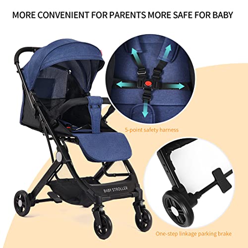 Seyahat Hafif Bebek Arabası Ekstra Depolama ve Büyük Boy Gölgelik (Lacivert)ile Kompakt Ayarlanabilir Tek Elle Katlanabilir Bebek
