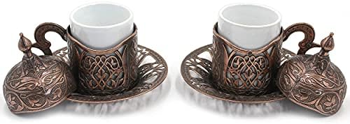 Kuchengerate Bakır Tasarım Türk Yunan Arapça Fas Kahve Fincanı - 2'li Set-İç Porselen Metal Tutucu Plaka ve Kapaklı Espresso