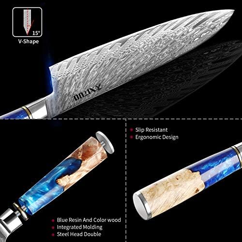 XT XITUO Mutfak Şef Bıçağı Seti 5 Parça, 8 Şef Bıçağı, 7.5 Ekmek Bıçağı, 7 Santoku bıçak Şam Çelik-VG10 Mavi Reçine Ahşap Kolu-Hediye