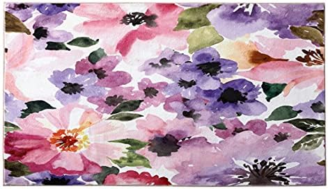 YoKii Modern Çiçek Alan Kilim 3x5 Sahte Yün Renkli Suluboya Çiçekler Yatak Odası Halı Kauçuk Destekli Pembe Mor Sevişmek Accent