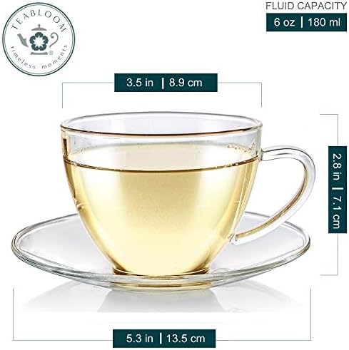 Çay Odası Kraliyet Çay Fincanı ve Tabağı Seti 4'lü Paket - Standart Çay Fincanı Boyutu -6 OZ / 180 ML Kapasite-Kristal Berraklığında