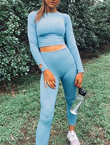 Hwnovdy kadın Egzersiz Kıyafeti 2 Adet Dikişsiz Yüksek Bel Yoga Tayt Uzun Kollu Kırpma Üst Spor Giyim Seti