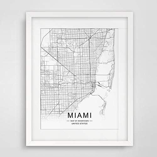 Miami Haritası, Ofis Haritası Sanat, Şehir Haritası, Miami Duvar Sanatı, Sokak Haritası, Yol Sanatı, ev Duvar dekoru, Siyah Beyaz