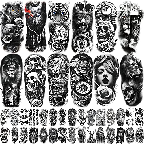 JEEFONNA 42 Levhalar Geçici Dövme Erkekler Kadınlar Yetişkinler için, 12 Levhalar Büyük 3D Yarım Kollu Geçici Dövmeler, kafatası