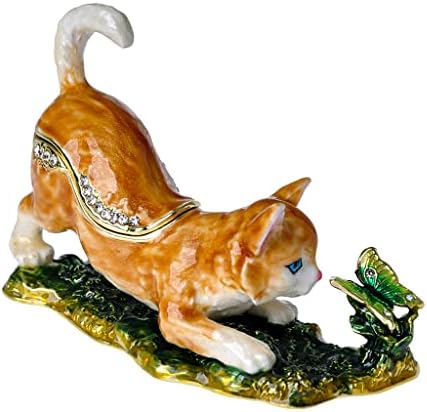 Kedi Biblo Kutusu Küçük Hayvan Heykelcik Altın Kaplama Kristal Emaye Takı Hayvan Ev Dekor Hediye Kedi Sevgilisi için