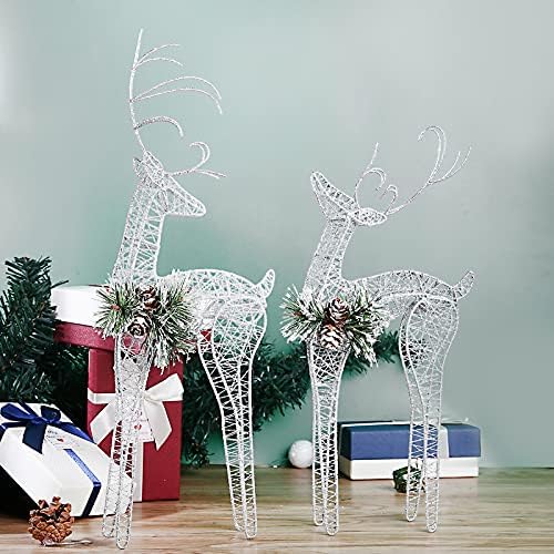 ZHANYIGY 2 adet Set Beyaz Çam Kozalağı Rattan Gümüş Iplik Dize Noel Ren Geyiği Heykelcik Masa Masa Süslemeleri Işıltılı Noel