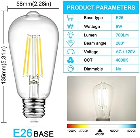 Ascher LED Edison Ampuller 6 W, Eşdeğer 60 W, Yüksek Parlaklık Günışığı Beyaz 4000 K, 700 Lümen, ST58 Vintage LED Filament Ampuller,