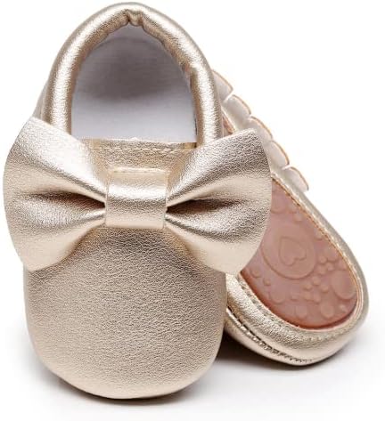 HONGTEYA Bebek Moccasins ile Kauçuk Taban ve Yumuşak Taban - Çiçek Baskı PU Deri Püskül Yay Kız Bale Elbise Ayakkabı için Toddler