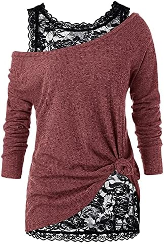 Kadınlar ıçin bluzlar Moda 2021, Seksi Çarpık Boyun Kazak T-Shirt Uzun Kollu Düğüm Bayanlar Çiçek Dantel Iki Parça Bir Takım