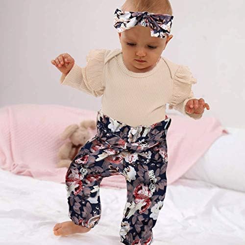 3 ADET Bebek Yürüyor Bebek Kız Giysileri Fırfır Romper Bodysuit Çiçek Halen Pantolon Bandı Kıyafetler