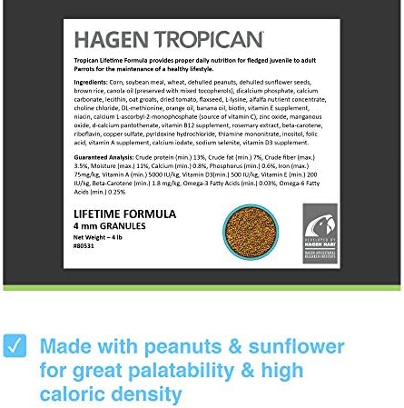 Hagen Tropican Kuş Yemi, Yer Fıstığı ve Ayçiçeği Tohumu ile HARİ Papağan Yemi, Ömür Boyu Formül