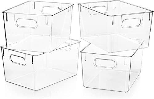 Buzdolabı Organizatör Kovaları, 4 Paket Şeffaf Plastik Kiler Depolama Rafı 6 x 6 x 5.7 Istiflenebilir Buzdolabı Organizatörleri