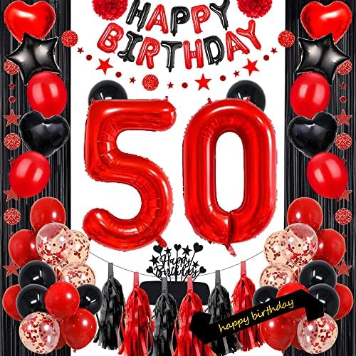 Fantezi Kırmızı 50TH Doğum Günü Partisi Süslemeleri Malzemeleri Kırmızı Siyah Daha Sonra Balonlar Mutlu Doğum Günü Pastası Topper