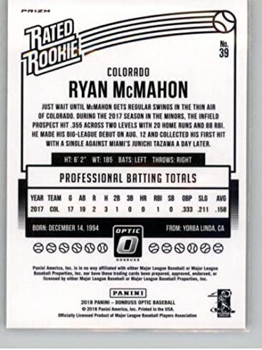 2018 Donruss Optik Holo Gümüş 39 Ryan McMahon Colorado Rockies Puan Çaylak Resmi MLB PA Beyzbol Ticaret Kartı Ham (NM veya Daha