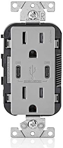 Leviton T5635-G Güç Beslemeli USB Çift Tip-C (PD) 15 Amperli Duvar İçi Şarj Cihazı, 125 Volt Kurcalamaya Dayanıklı Priz, Vidasız