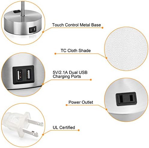 2 hızlı Şarj USB Portu ve Güç Çıkışı ile 3 yönlü Dokunmatik Kontrol Masa Lambası, Kısılabilir Lamba Yatak Odası Oturma Odası
