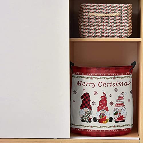 Katlanabilir çamaşır sepeti 17 inç Gnome Noel Kar Tanesi Bağlantısız çamaşır Sepeti Kolları ile Kırmızı Kontrol Ekose İpli Depolama