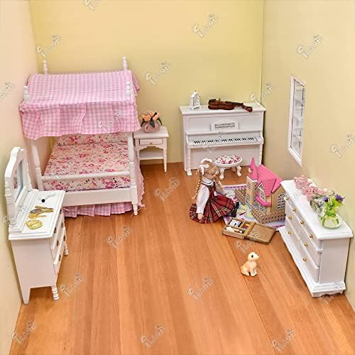 ıLAND Dollhouse Mobilya dahil Gölgelik Yatak Tuvalet Masası Yanında Masa Piyano Konsol Masa w / Minyatür Dollhouse Aksesuarları