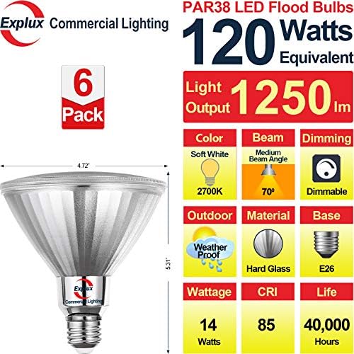 Explux Ticari Sınıf LED PAR38, 120W Eşdeğeri, 40000 Saat, Klasik Tam Cam Taşkın Ampul, Kısılabilir, Hava Koşullarına Dayanıklı