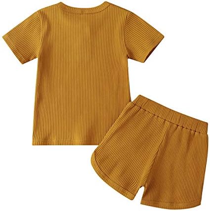 Unisex Toddler Erkek Bebek Kız Yaz Giysileri Kısa Kollu T-Shirt Tops + Kısa Pantolon Nervürlü Iki Parçalı Katı Kıyafet Seti