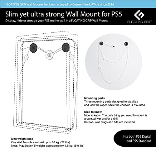 YÜZER KAVRAMA ile Playstation 5 Duvar Montaj Çözümü-PS5 Oyun Konsolunu Duvara Asmak için Şık Montaj Kiti (Paket: PS5 + 2X Kontrol