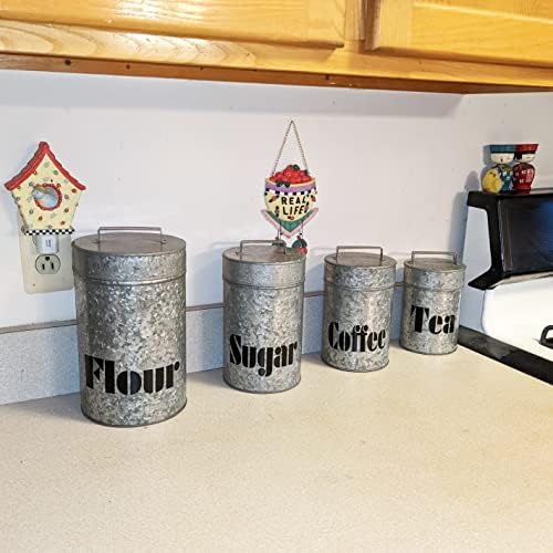 Kapaklı 4 Galvanizli Metal Mutfak Saklama Kutusu Seti-Un, Şeker, Kahve ve Çay için bir Kap İçerir-Ülke ve Çiftlik Evi Temalı