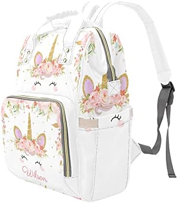 Tek boynuzlu at pembe çiçek kişiselleştirilmiş bebek bezi çantası çok fonksiyonlu sırt çantası bez çanta seyahat sırt çantası