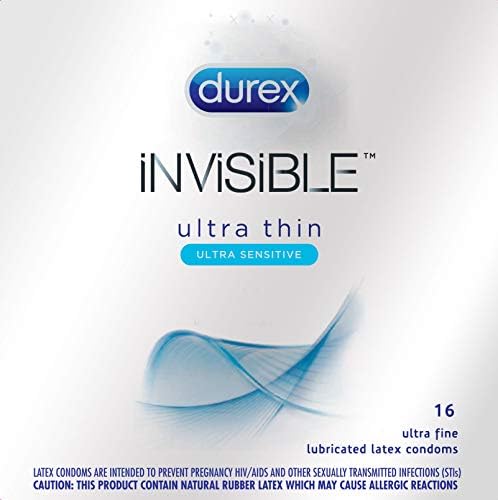 Durex Görünmez, Ultra İnce, Ultra Hassas, Ultra İnce Yağlanmış Lateks Prezervatifler, 2 Paket 16 Sayım, Toplam 32