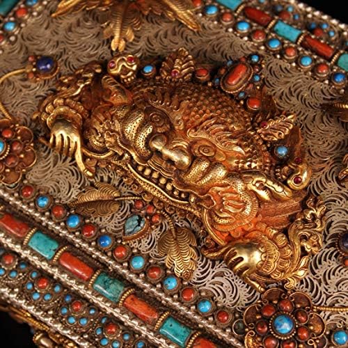 11 Tibet Budizm Eski Tibet Gümüş Mozaik Mücevher Turkuaz Telkari Yaldızlı Gerçek Altın Aslan Başkanı Heykeli Mücevher Kutusu