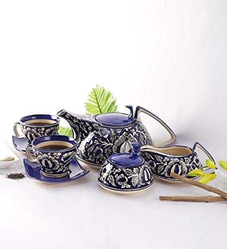 Hindistan Seramik Babür Handpainted Mavi Çay Seti (15 adet.)