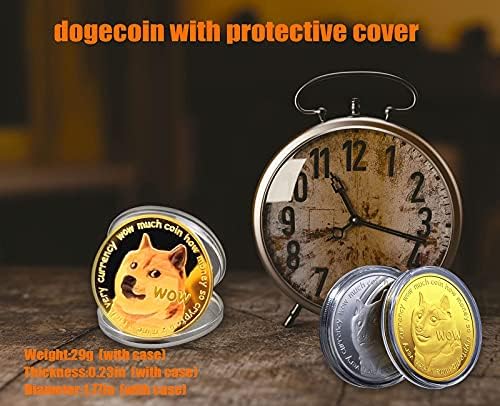 Oucles Dogecoin - 4 Paketi Doge Sikke Altın Kaplama Cryptocurrency Sanal Para Tahsil Sikke ile Koruyucu Kılıf ve Anahtarlık (Altın)