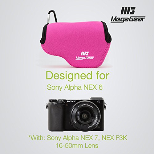 MegaGear Ultra Hafif Neopren Kamera Kılıfı Çanta Sony NEX-6 için, Sony NEX-7, Sony NEX-F3 ile 16-50mm Lens (Sıcak Pembe)