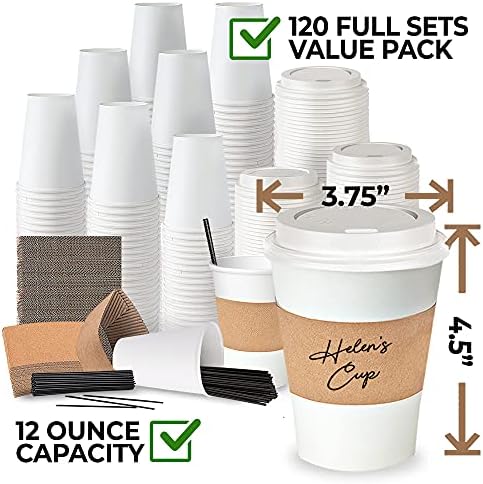 120 Tek Kullanımlık Kahve Fincanı Komple Set-12 Oz. Café Beyaz Kağıt Bardaklar, Plastik Kapaklar, Yalıtım Manşonları, Karıştırma