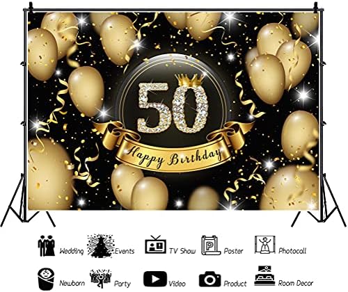 Haoyıyı 12x8ft 50th Doğum Günü Zemin Altın Glitter Parlak Balonlar Taç Şerit Fotoğraf Arka Plan Kadın Muhteşem 50 Doğum Günü