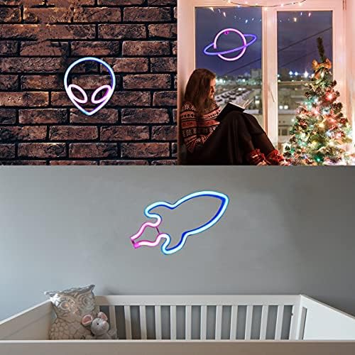 Yatak Odası Duvar Dekoru için Kenmaca Neon Tabelalar, 3pk-Alien Gezegen Roketi, USB Veya Akülü, Dekor Lambası, Bar Dükkanı Doğum