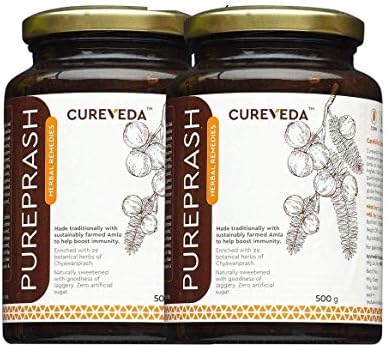 Tüm Yaş Grupları için Bağışıklık Desteği için Cureveda™ Bitkisel Pureprash-Jaggery Bazlı, Şekersiz 2'li Chawan prash Paketi (500gms)