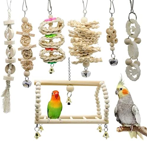 LOVİVER 4X7 Adet Ahşap Asılı Kuş çiğneme oyuncağı ile Bir Çan, büyük Orta papağan kafesi Bite Oyuncaklar için Papağanlar Parakeets