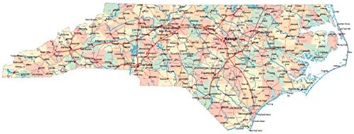 Ev Konforları Yollar, Otoyollar ve Şehirler ile Kuzey Carolina Eyaletinin Büyük İdari haritası Canlı Görüntüler Lamine Poster