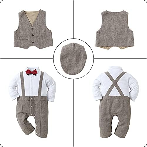 Kgurtagh Erkek Bebek Takım Elbise Kıyafetler, Tek Parça Romper & Yelek & Bere & Papyon (0-2 T)