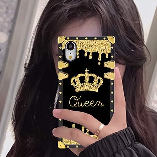 ıPhone Xr Durumda Lüks Kraliçe Altın Taç Altın Glitter Kare Yumuşak TPU Sarılmış Kenarları ve Sert PC Geri Şık Klasik Retro Kılıf