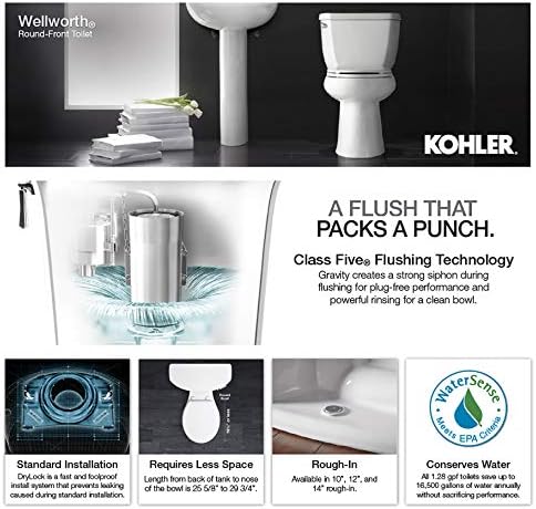 Kohler K-3997-RA-0 Wellworth Yuvarlak Ön 1.28 gpf Tuvalet, Sağ Açma Kolu, Beyaz